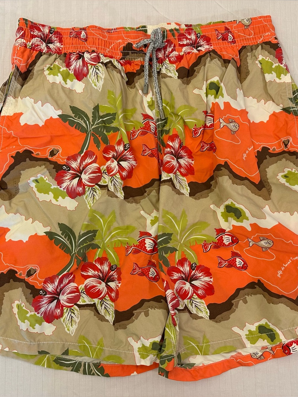 Vilebrequin Okoa Swim Trunks 3XL Green Orange Tropical Print Long Cut